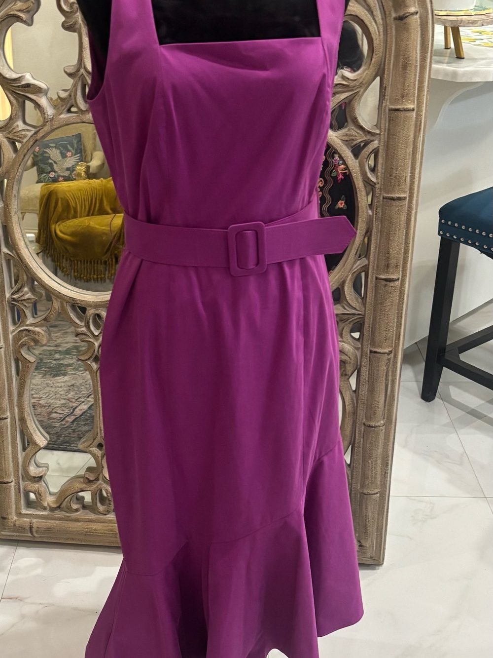 ANTONIO MELANI Magenta Square-Neck Belted Midi Dress